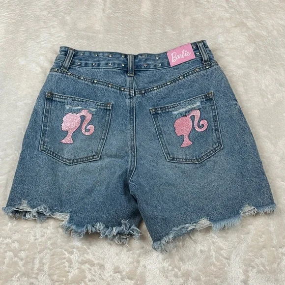 Barbie - Forever21 Blue Jean Shorts with Pink Logo - Bedazzled Gemstone Waist - Picture 5 of 8